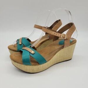 Clarks Tan and Teal Wedge Sandals